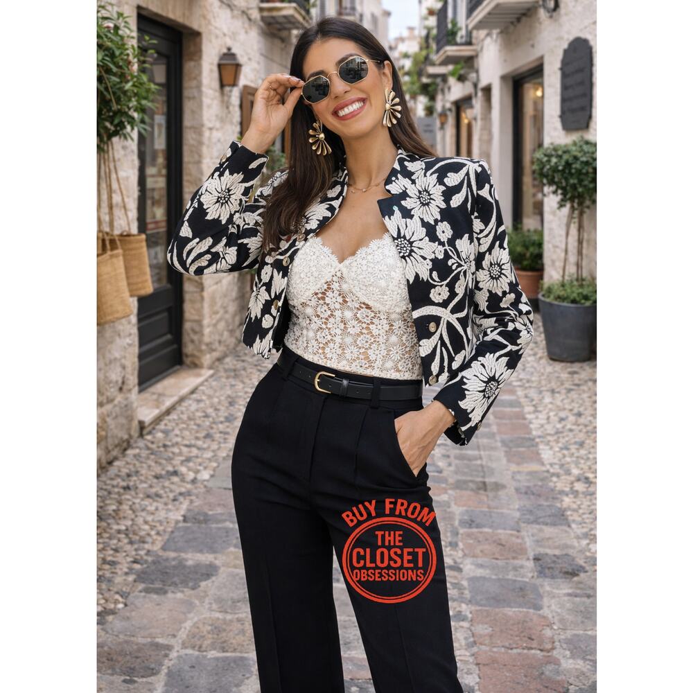Zara NWT Black White Floral Jacquard Structured Blazer M - Picture 4 of 16